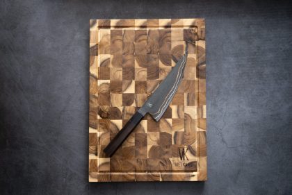 Pack | Planche à Découper en Teck + Couteau Chef Damas Cuivré