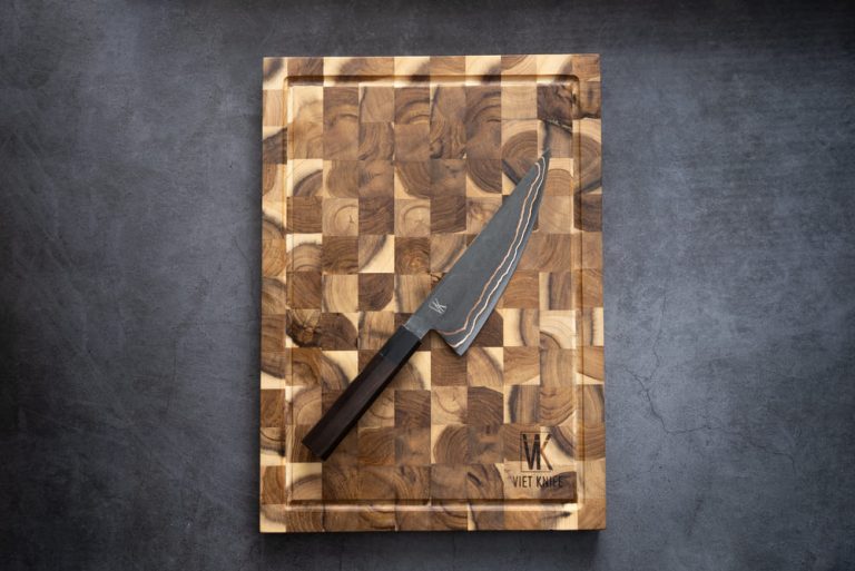 Pack | Planche à Découper en Teck + Couteau Chef Damas Cuivré