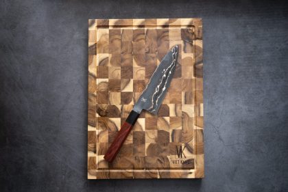 Pack | Planche à Découper en Teck + Couteau Gyuto Damas Cuivré